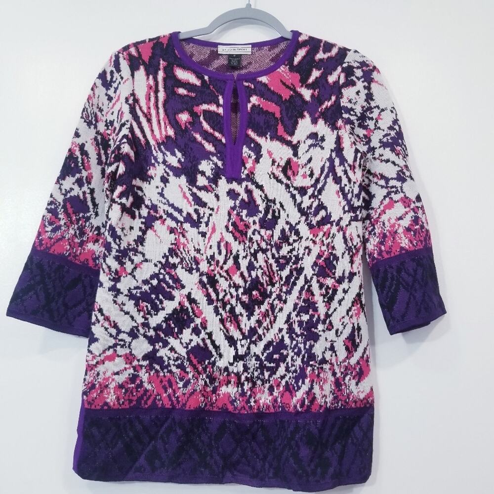St. John Sport Wool Blend Knit Blouse Purple and Pink Patterned Keyhole Neckline